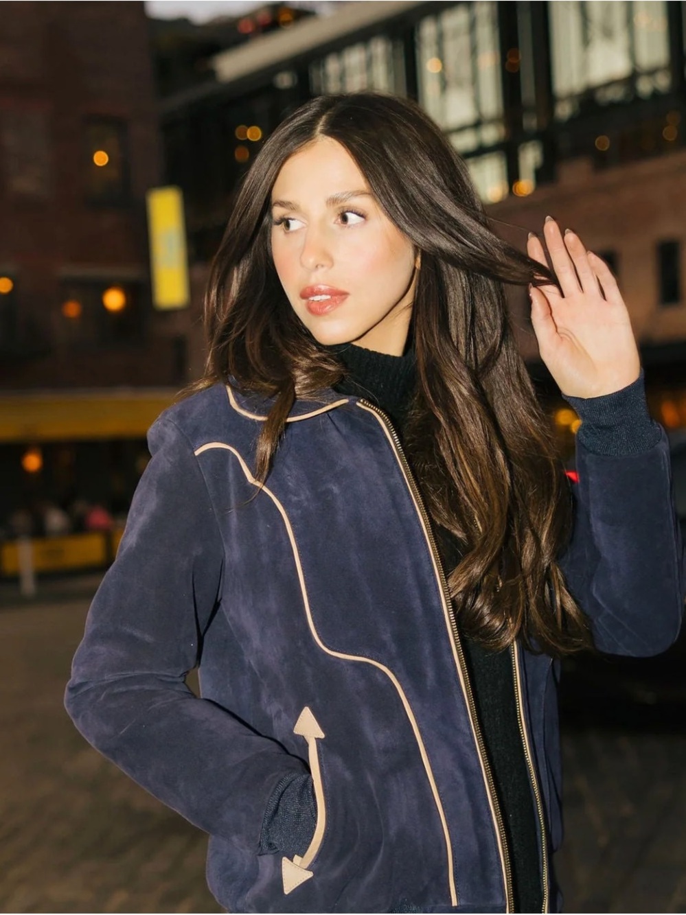 Western & Co Let’s Get Lucky Navy Suede Bomber Jacket with Cream Piping